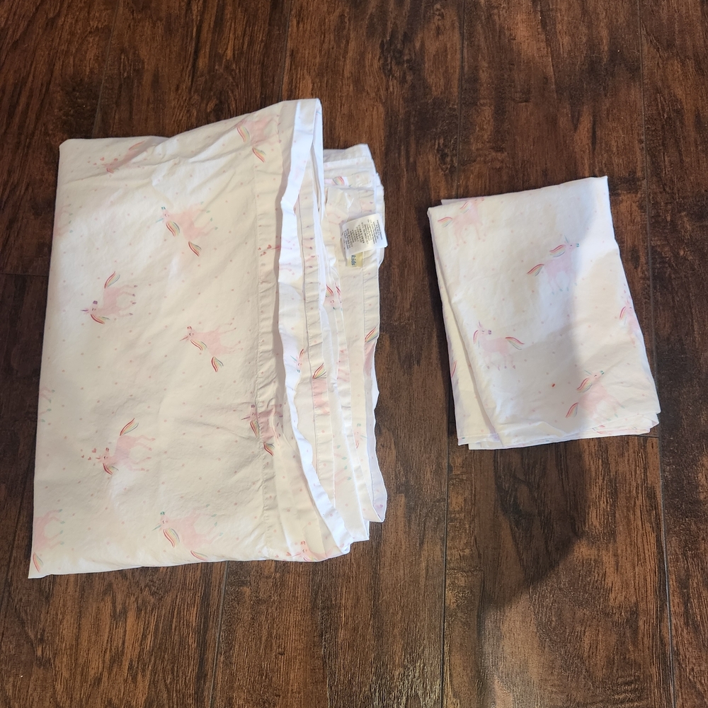 Pottery Barn Kids Twin Flat Sheet & A Pillowcase White Pink Unicorn Pony Design